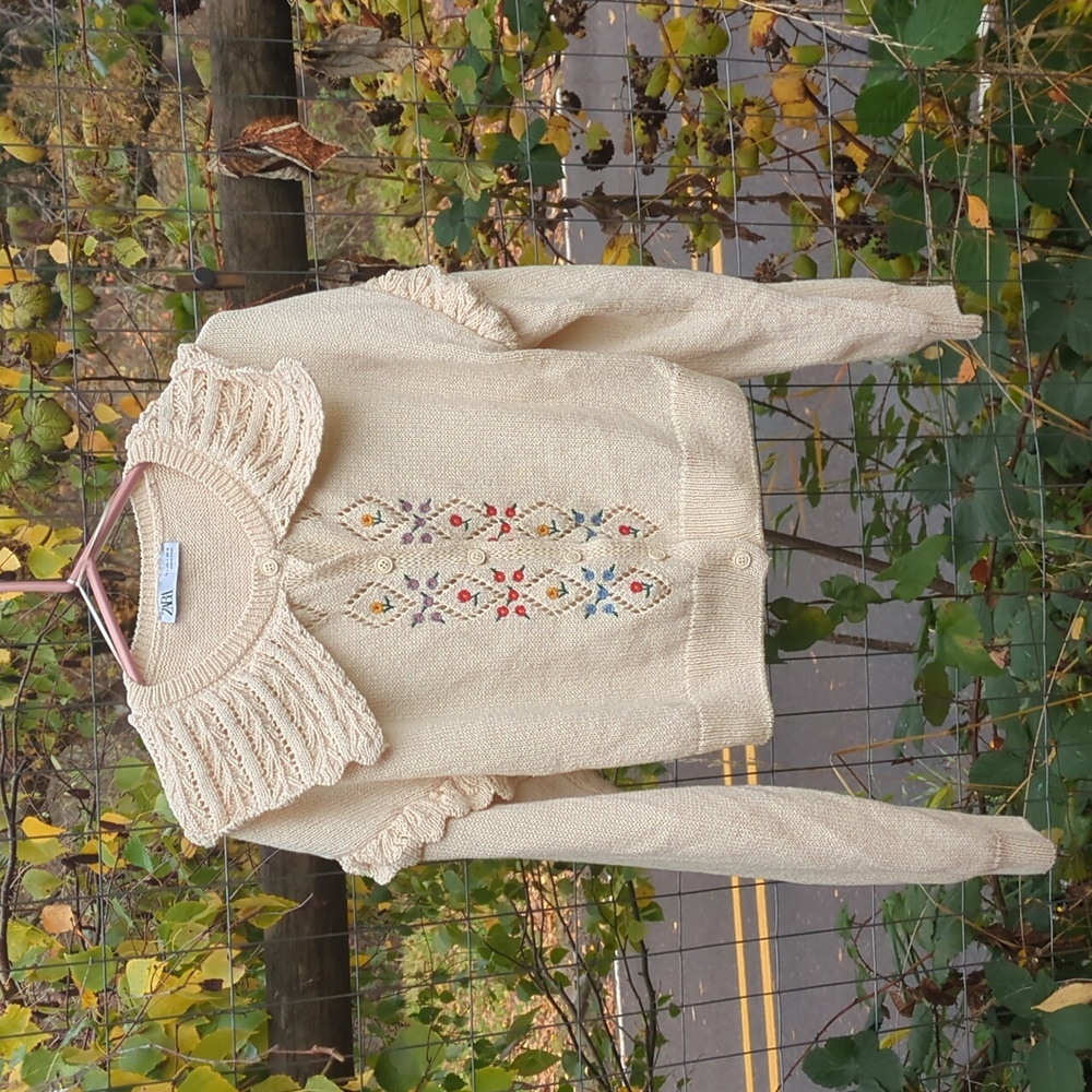 Zara cottage core embroidered lace crochet cotton sweater